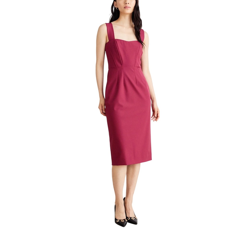 Hugo Boss Dress Dizena Berry Red Square Neck Midi Sheath Womens Size 8 NEW